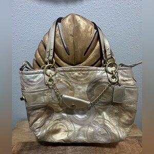 Coach Y2K Patchwork Inlaid Leather Opa Art Shoulder Bag Gold Hang Tote $462